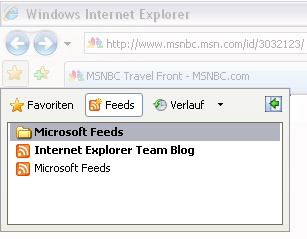 Internet Explorer 7-Symbolleiste mit angezeigtem Favoritenfenster und markiertem RSS-Feeds-Symbol